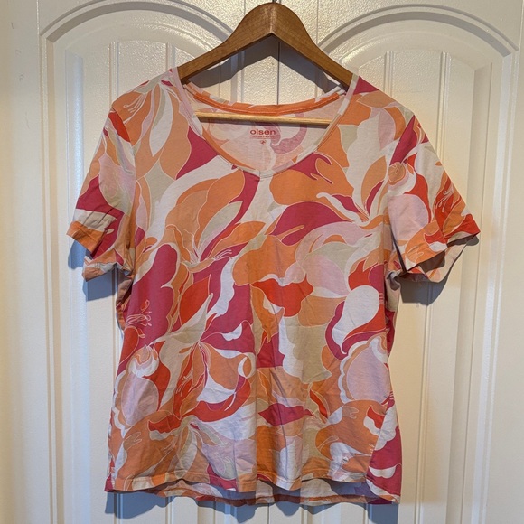 Olsen Tops - Olsen Women's Floral Short Sleeve Tee - Pink and Orange